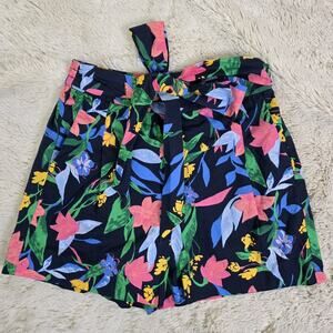 J Crew Floral Tie-waist Shorts Cotton Poplin Navy Blue Floral Pockets Size 2